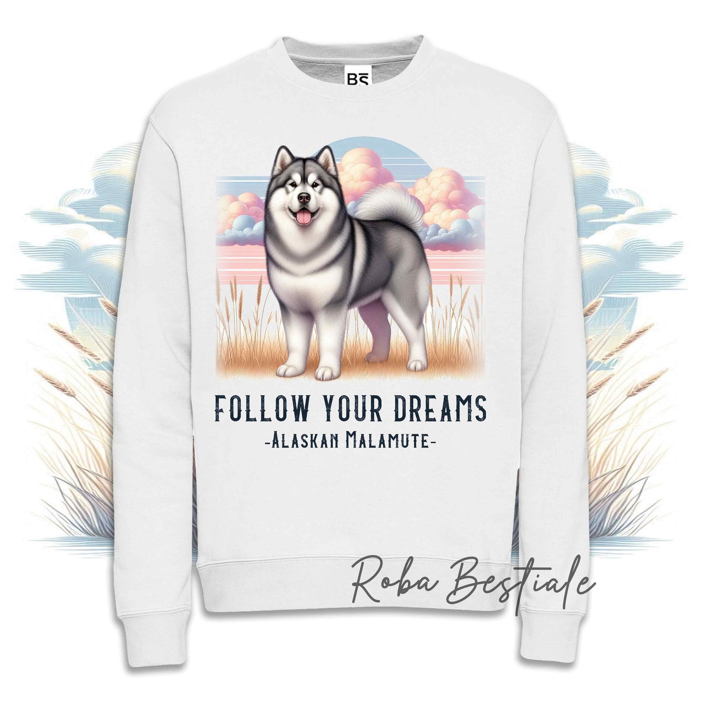 Felpa QUOTES "DREAM" - ALASKAN MALAMUTE Grigio - Girocollo, Unisex - Off White, Bianca o Grigia - dalla XS alla 3XL