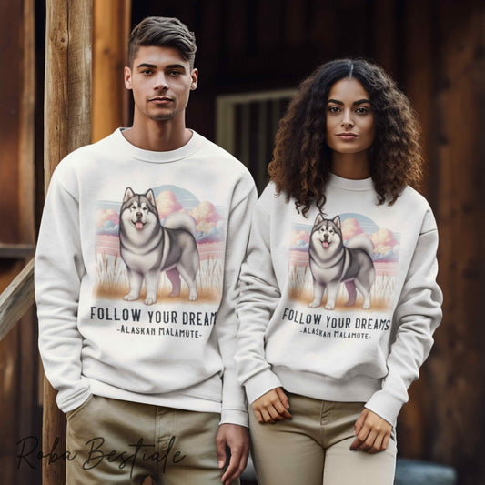 QUOTES "DREAM" Sweatshirt - ALASKAN MALAMUTE Grey - Crew Neck, Unisex - Off White, White or Grey - XS to 3XL