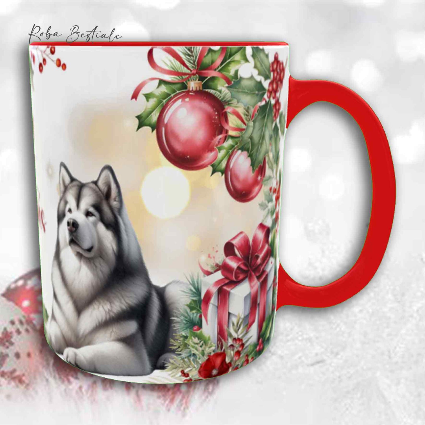Tazza VINTAGE WINTER - ALASKAN MALAMUTE Grigio Chiaro - In Ceramica, con dettagli Rossi - 330 ml
