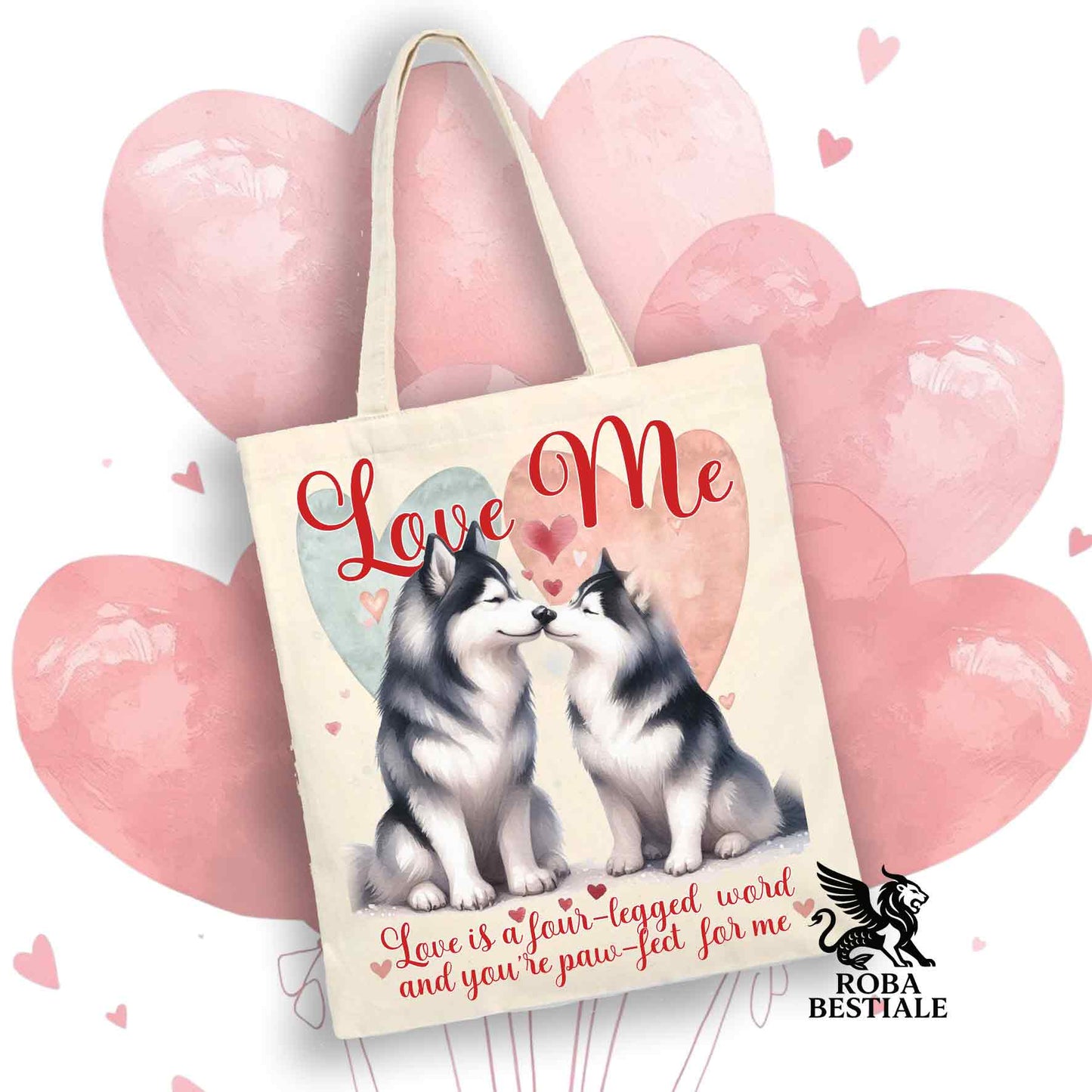 Tote Bag LOVE ME - ALASKAN MALAMUTE Nero - 100% Cotone - Bianca o Beige