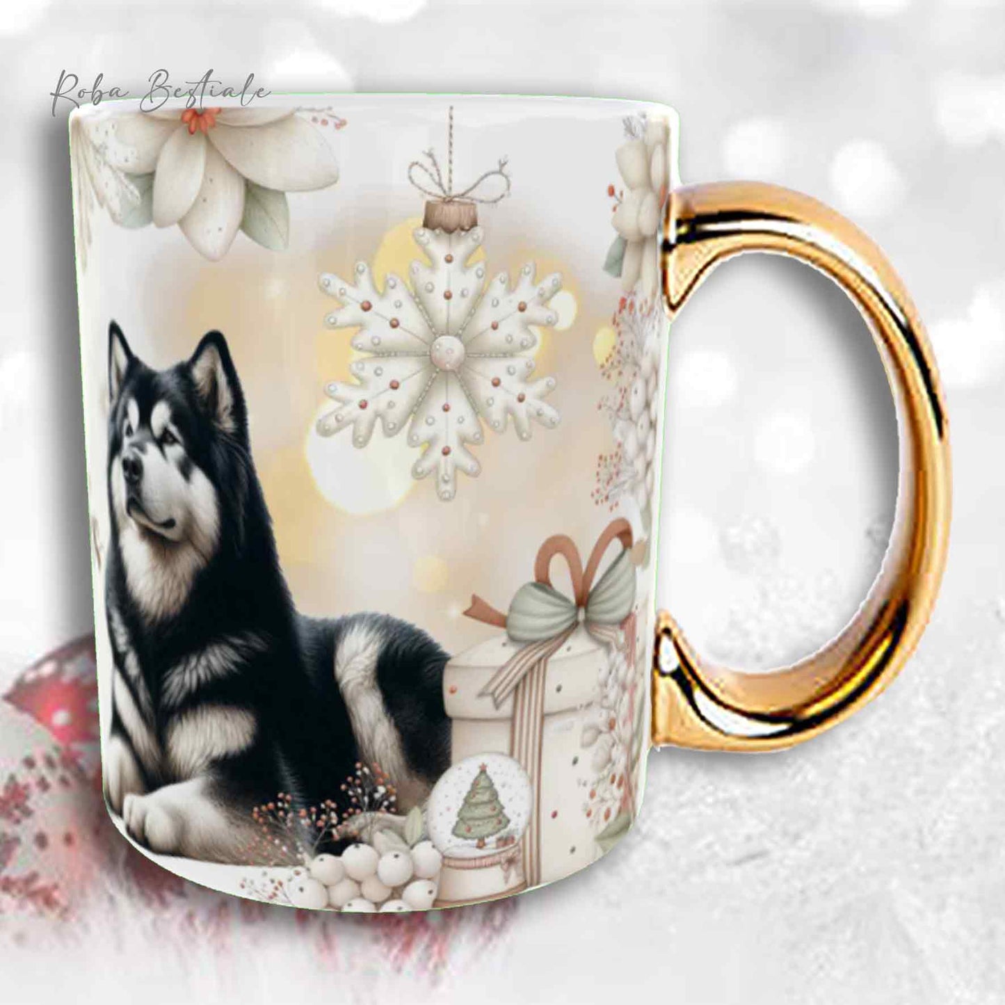 Tazza COZY WINTER - ALASKAN MALAMUTE Nero - In Ceramica, con manico color Oro - 330 ml
