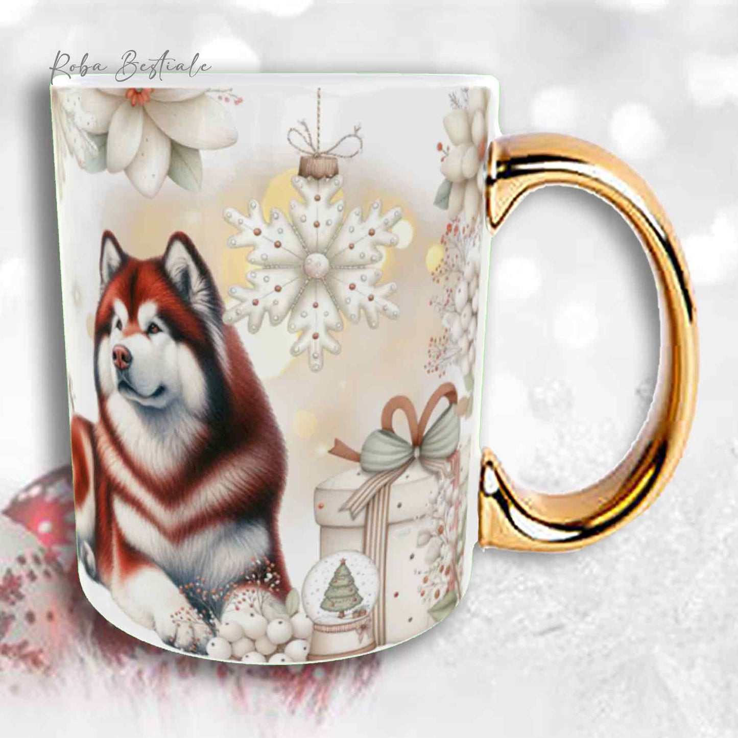 Tazza COZY WINTER - ALASKAN MALAMUTE Rosso - In Ceramica, con manico color Oro - 330 ml
