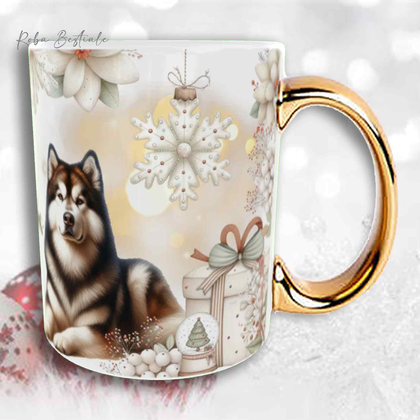 Tazza COZY WINTER - ALASKAN MALAMUTE Zibellino - In Ceramica, con manico color Oro - 330 ml