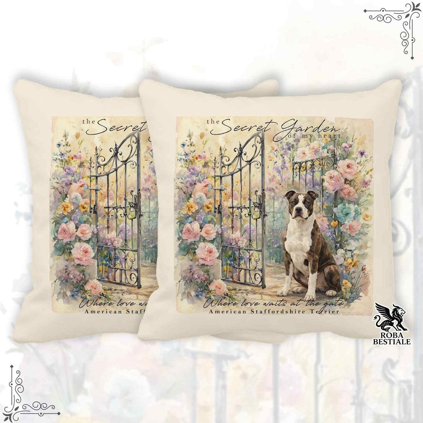 Cuscino SECRET GARDEN - AMERICAN STAFFORDSHIRE TERRIER Bianco e Tigrato - 100% Tela di Cotone - 40x40 cm