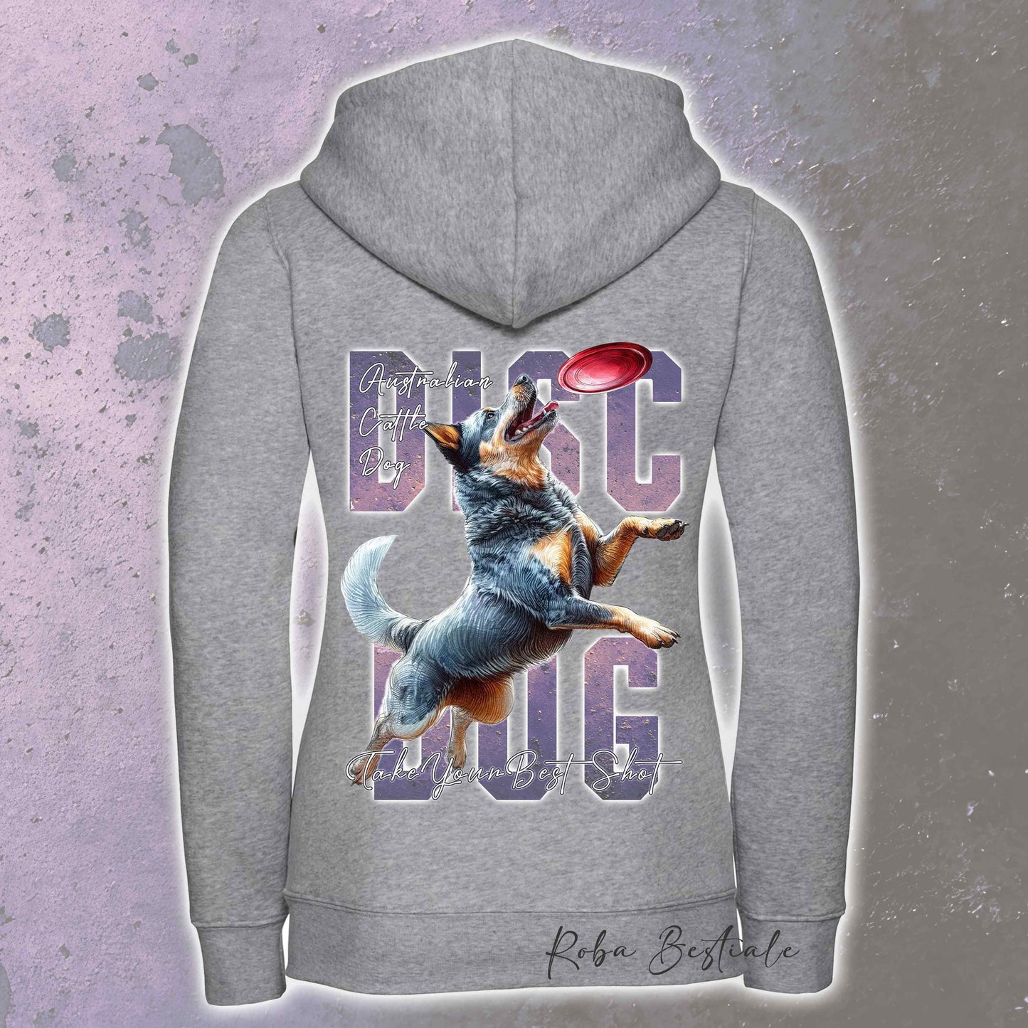 Felpa APTITUDE - DISC DOG - AUSTRALIAN CATTLE DOG Blue - Con Cappuccio e Full Zip, Uomo o Donna, in tanti colori - dalla XS alla 5XL
