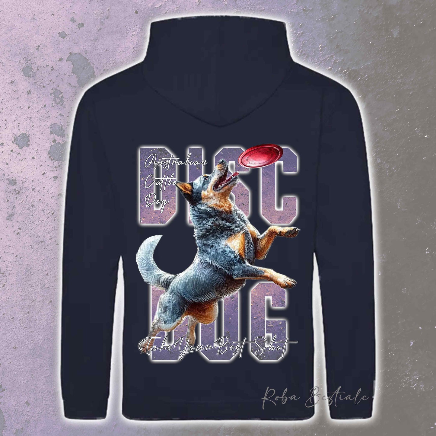 Felpa APTITUDE - DISC DOG - AUSTRALIAN CATTLE DOG Blue - Con Cappuccio e Tasconi, Unisex, in tanti colori - dalla XS alla 5XL
