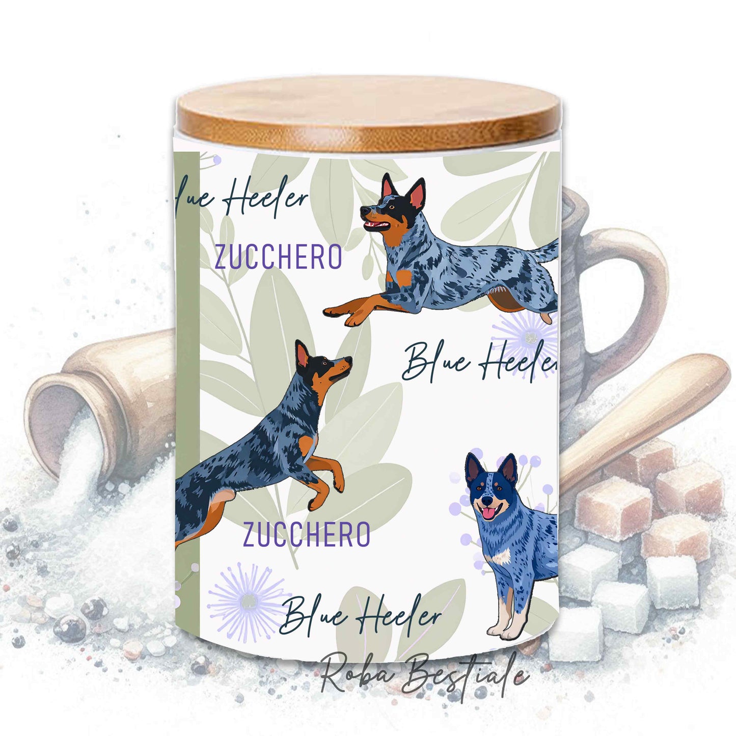 Barattolo ZUCCHERO - AUSTRALIAN CATTLE DOG Blue - In Ceramica, Tappo in legno con guarnizione