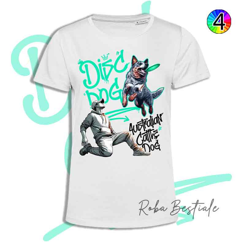 T-Shirt Disc Dog GRAFFITI - AUSTRALIAN CATTLE DOG Blue - Design "BOY" - Dettagli in 4 colori!