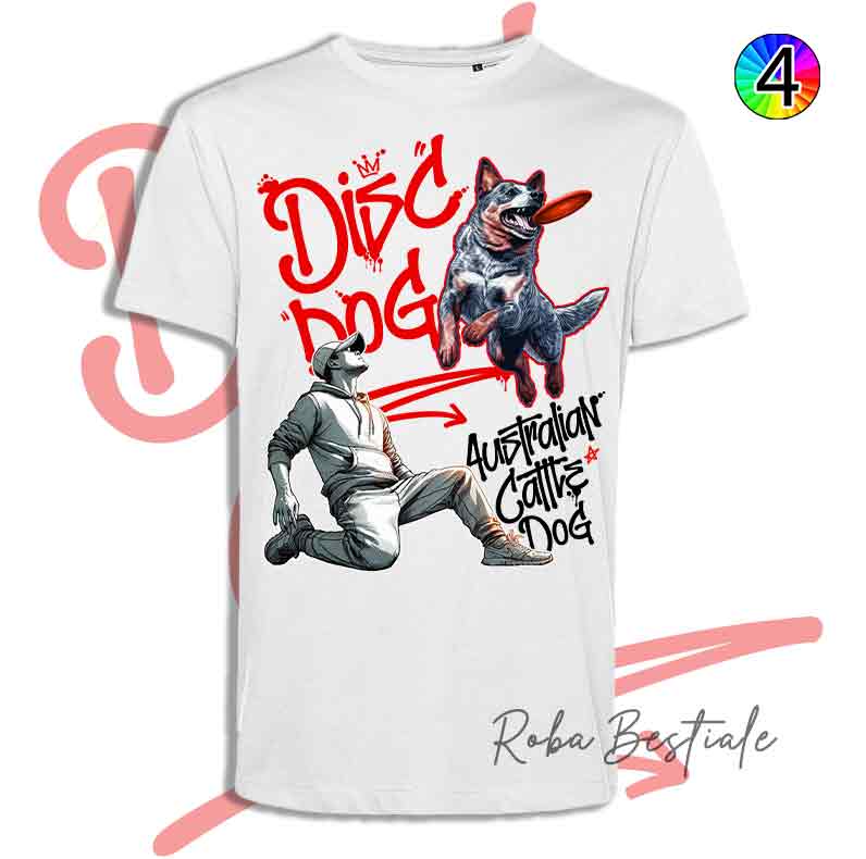 T-Shirt Disc Dog GRAFFITI - AUSTRALIAN CATTLE DOG Blue - Design "BOY" - Dettagli in 4 colori!