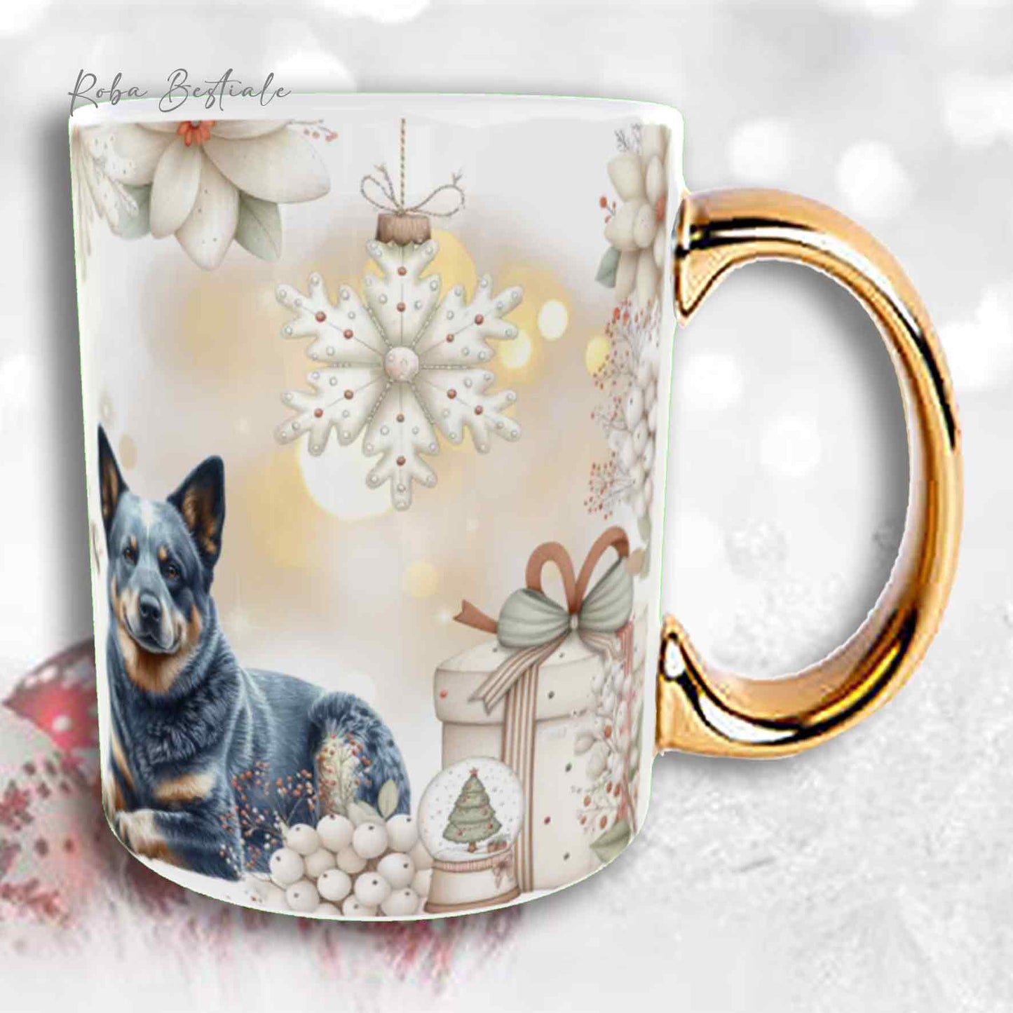 Tazza COZY WINTER - AUSTRALIAN CATTLE DOG Blue - In Ceramica, con manico color Oro - 330 ml