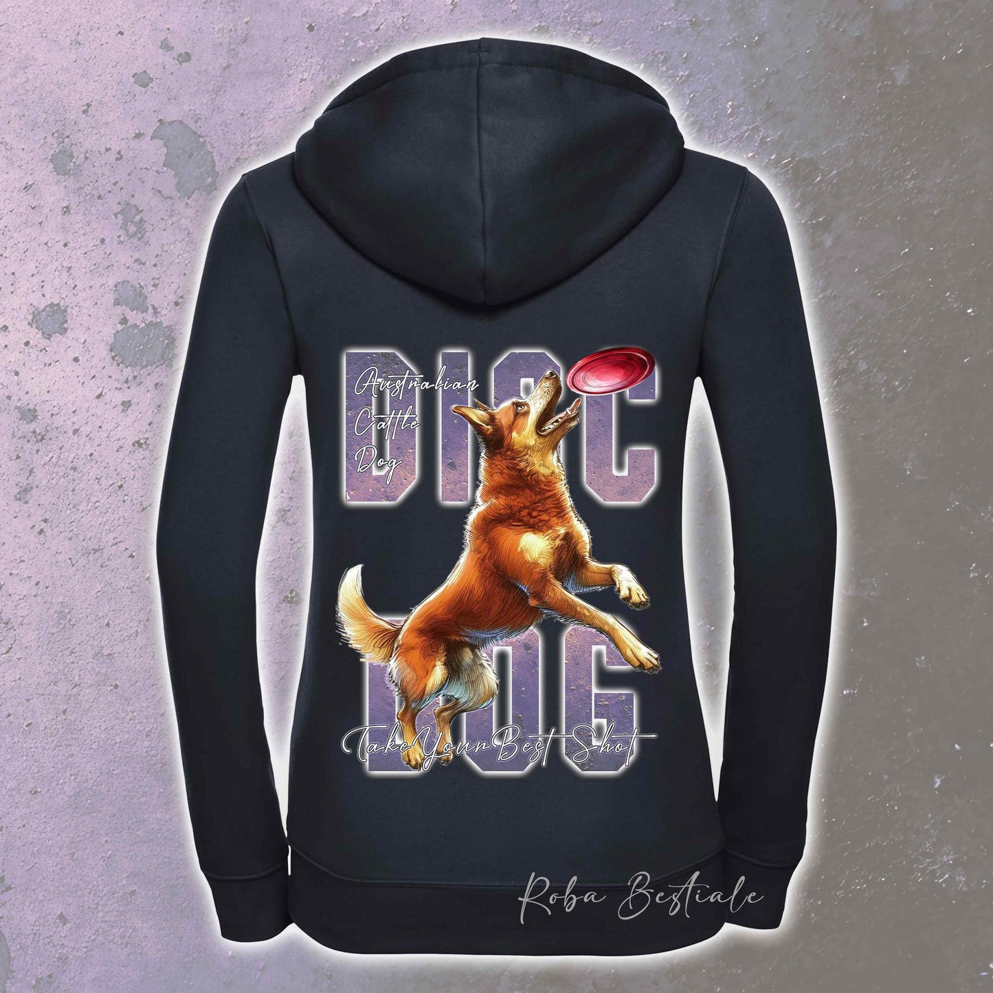 Felpa APTITUDE - DISC DOG - AUSTRALIAN CATTLE DOG Red - Con Cappuccio e Full Zip, Uomo o Donna, in tanti colori - dalla XS alla 5XL
