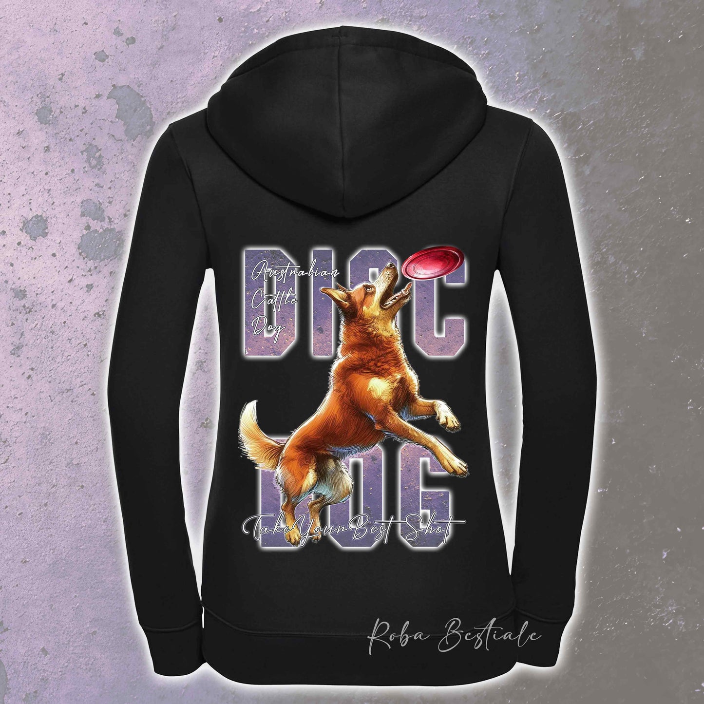 Felpa APTITUDE - DISC DOG - AUSTRALIAN CATTLE DOG Red - Con Cappuccio e Full Zip, Uomo o Donna, in tanti colori - dalla XS alla 5XL