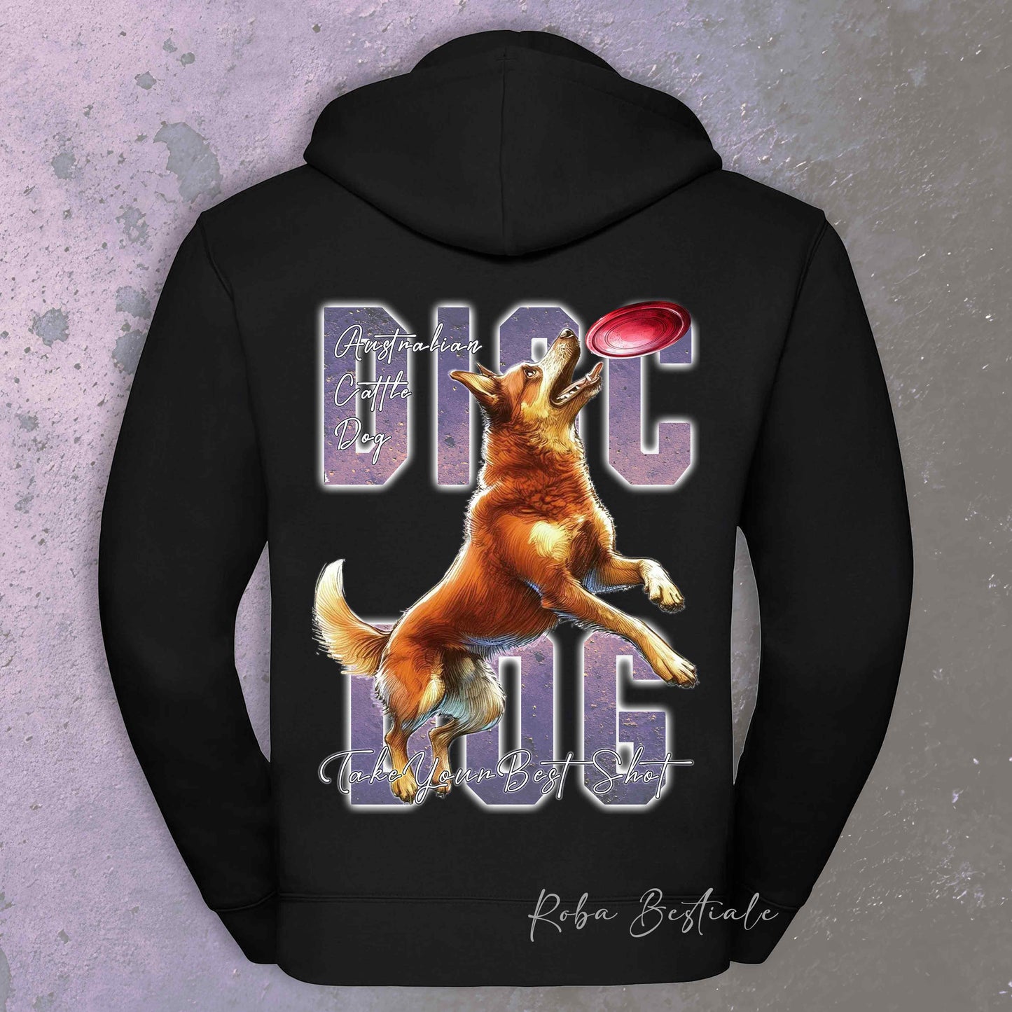 Felpa APTITUDE - DISC DOG - AUSTRALIAN CATTLE DOG Red - Con Cappuccio e Full Zip, Uomo o Donna, in tanti colori - dalla XS alla 5XL