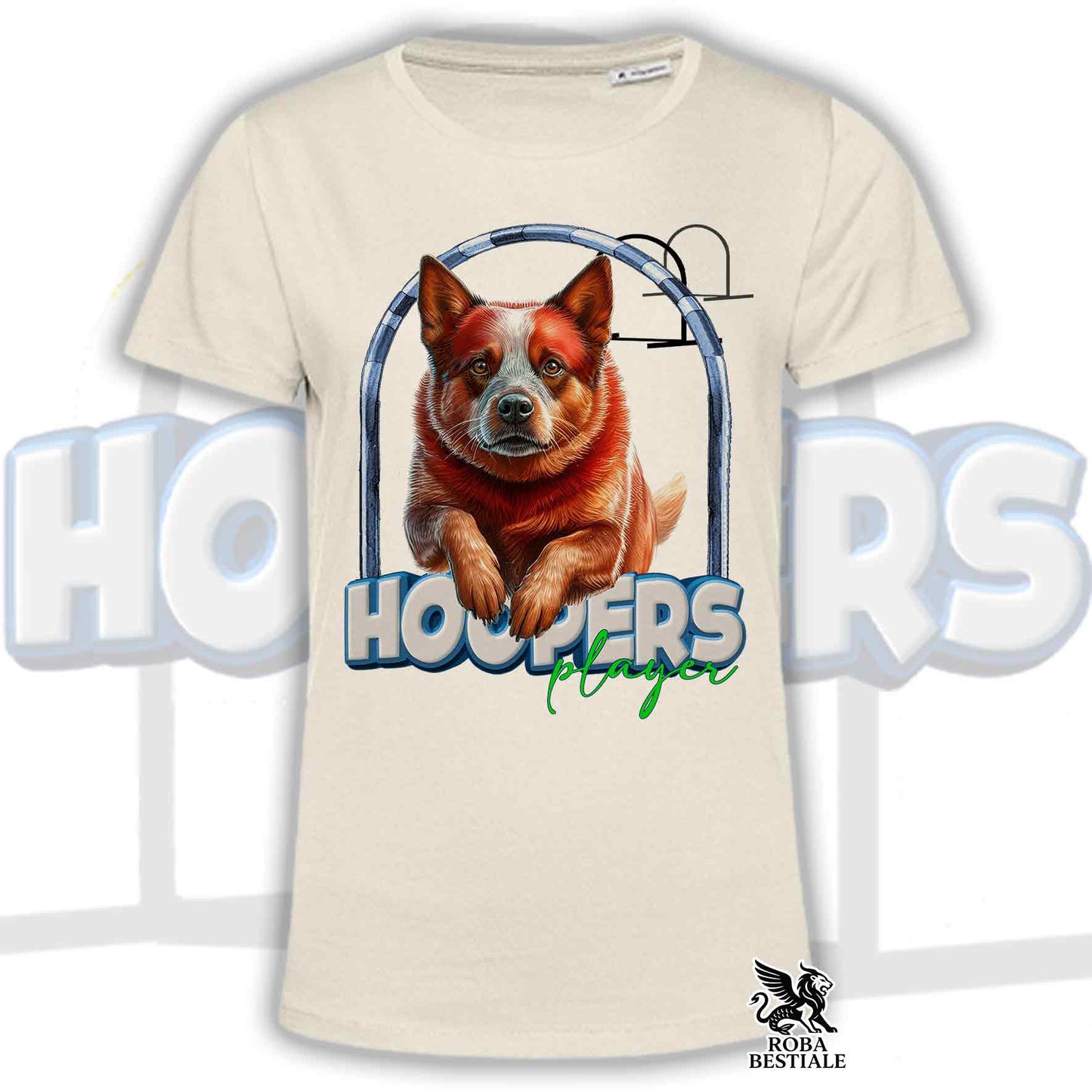 T-Shirt HOOPERS Player - AUSTRALIAN CATTLE DOG Red - Bianca o Beige, da Uomo o da Donna - dalla XS alla 5XL
