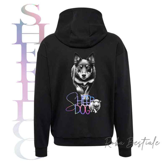 Felpa FLASHY SHEEPDOG - AUSTRALIAN KELPIE - Unisex - Nera o Grigia - dalla XS alla 3XL - Scritta Olografica Cangiante!