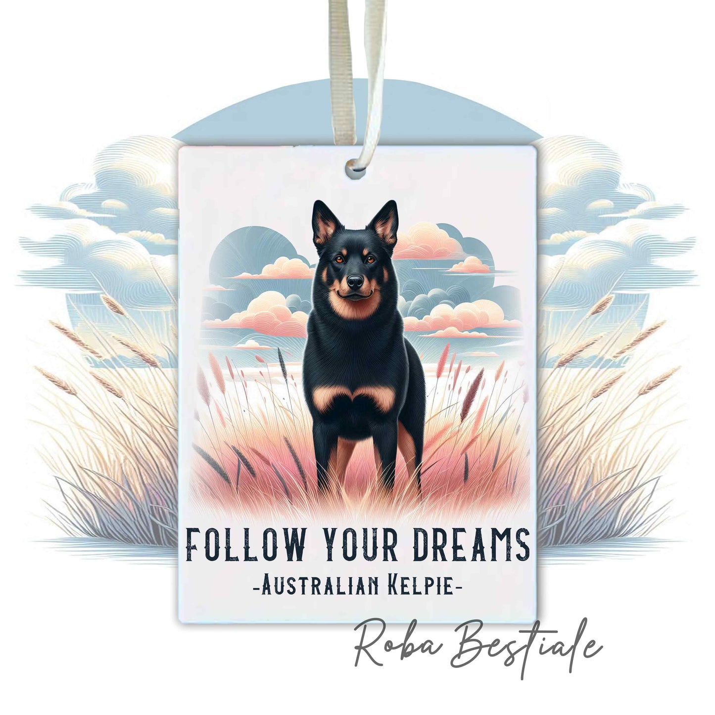 Deodorante Auto QUOTES "DREAM" - AUSTRALIAN KELPIE Black Tricolor - In Feltro, con cordino - 7,5 x 10 cm
