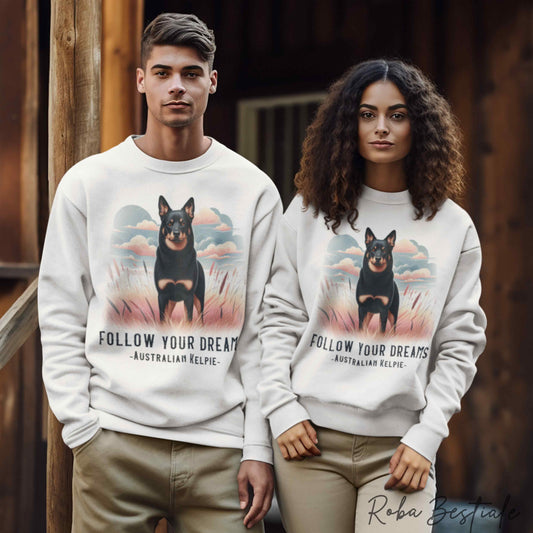 QUOTES "DREAM" Winter Sweatshirt - AUSTRALIAN KELPIE Black Tricolor - Crew Neck, Unisex - Off White, White, or Grey - XS to 3XL