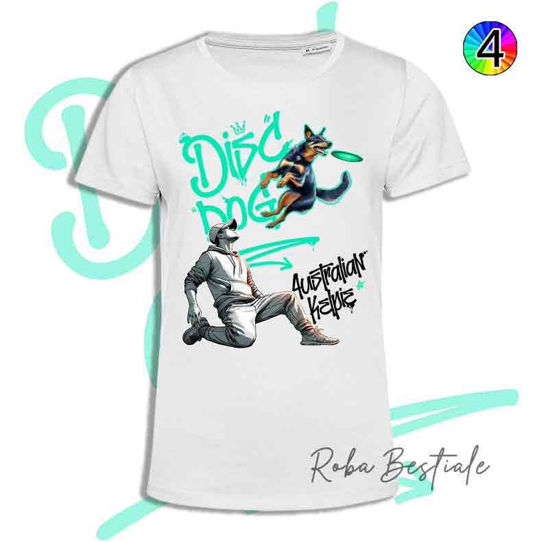 T-Shirt Disc Dog GRAFFITI - AUSTRALIAN KELPIE Black & Tan - Design "BOY" - Dettagli in 4 colori!