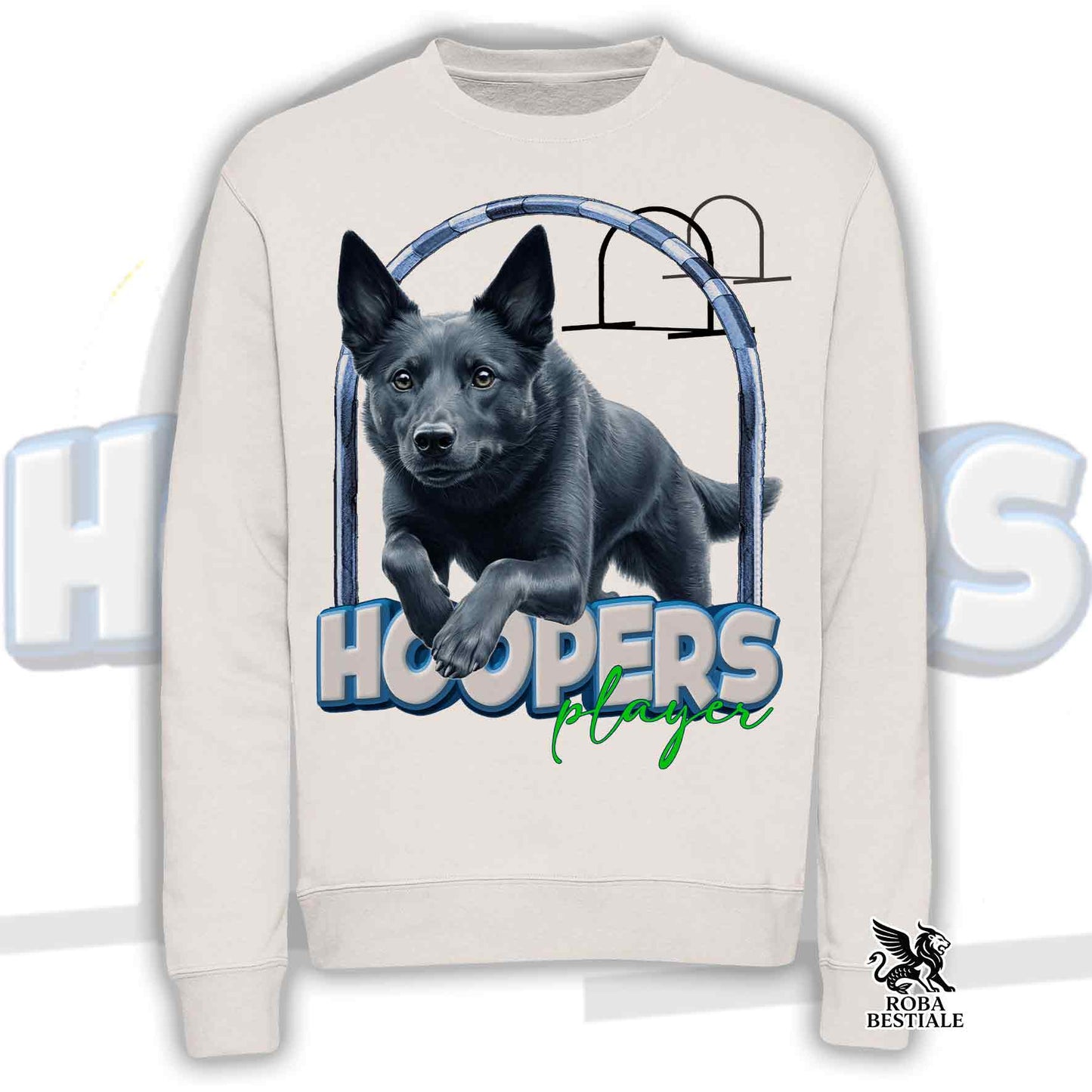 Felpa HOOPERS Player - AUSTRALIAN KELPIE Blu Cenere - Girocollo, Unisex - Bianca o Beige - dalla XS alla 3XL