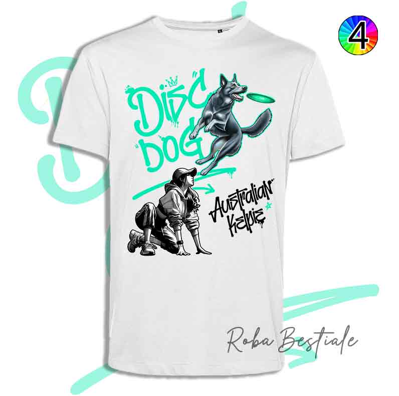 T-Shirt Disc Dog GRAFFITI - AUSTRALIAN KELPIE Blue - Design "GIRL" - Dettagli in 4 colori!