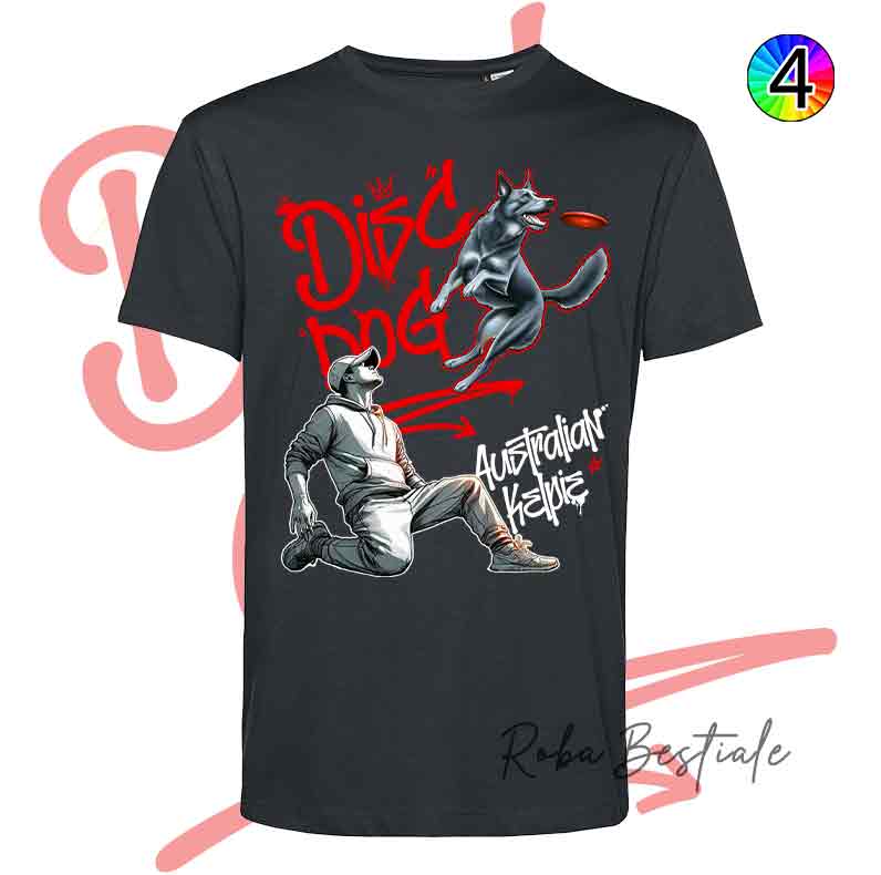 T-Shirt NERA Disc Dog GRAFFITI - AUSTRALIAN KELPIE Blue - Design "BOY" - Dettagli in 4 colori!