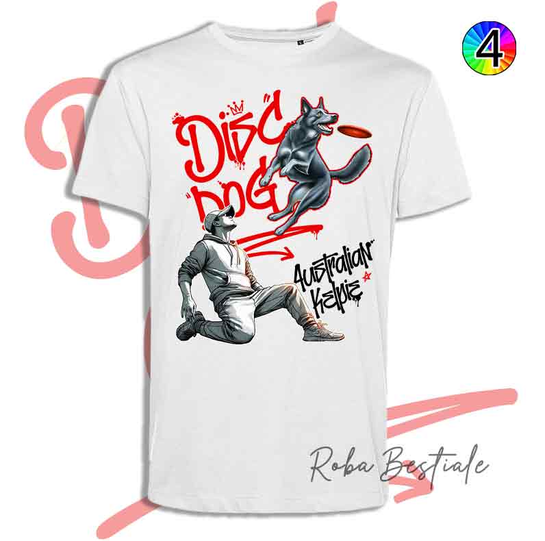 T-Shirt Disc Dog GRAFFITI - AUSTRALIAN KELPIE Blue - Design "BOY" - Dettagli in 4 colori!