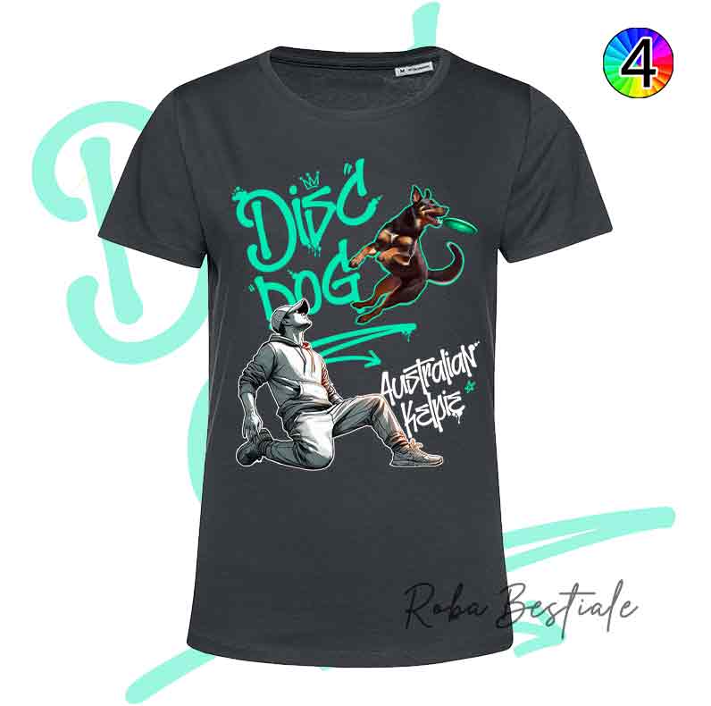 T-Shirt NERA Disc Dog GRAFFITI - AUSTRALIAN KELPIE Chocolate - Design "BOY" - Dettagli in 4 colori!