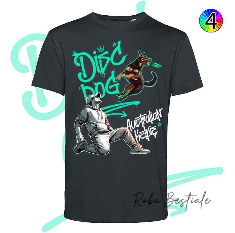 T-Shirt NERA Disc Dog GRAFFITI - AUSTRALIAN KELPIE Chocolate - Design "BOY" - Dettagli in 4 colori!