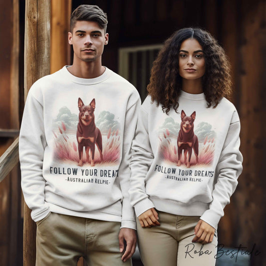 QUOTES "DREAM" Winter Sweatshirt - AUSTRALIAN KELPIE Chocolate - Crew Neck, Unisex - Off White, White, or Grey - XS to 3XL