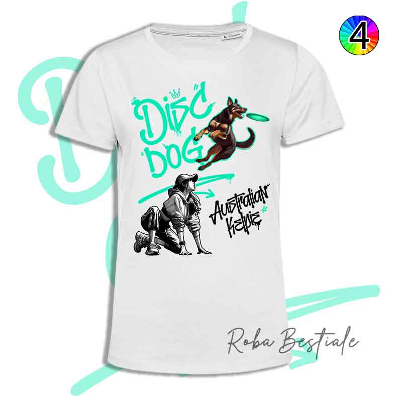 T-Shirt Disc Dog GRAFFITI - AUSTRALIAN KELPIE Chocolate - Design "GIRL" - Dettagli in 4 colori!