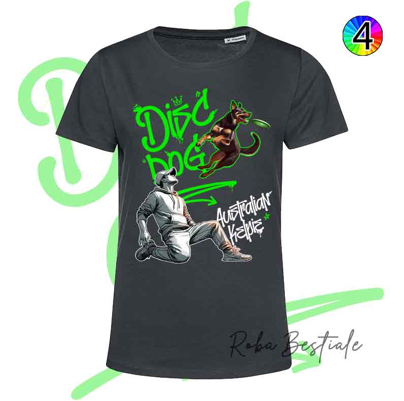 T-Shirt NERA Disc Dog GRAFFITI - AUSTRALIAN KELPIE Chocolate - Design "BOY" - Dettagli in 4 colori!