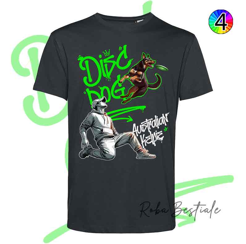 T-Shirt NERA Disc Dog GRAFFITI - AUSTRALIAN KELPIE Chocolate - Design "BOY" - Dettagli in 4 colori!