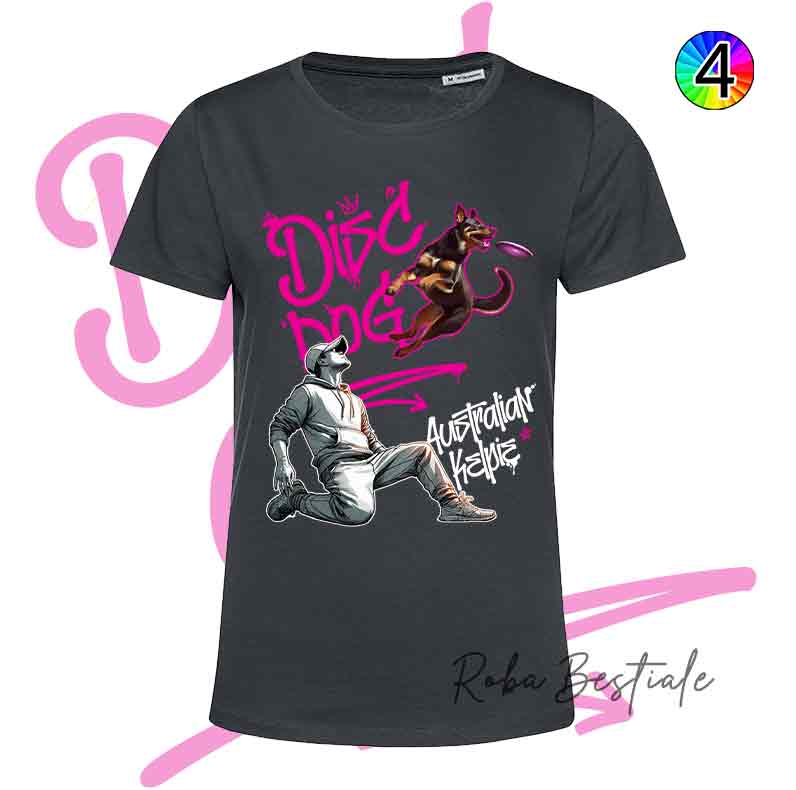 T-Shirt NERA Disc Dog GRAFFITI - AUSTRALIAN KELPIE Chocolate - Design "BOY" - Dettagli in 4 colori!
