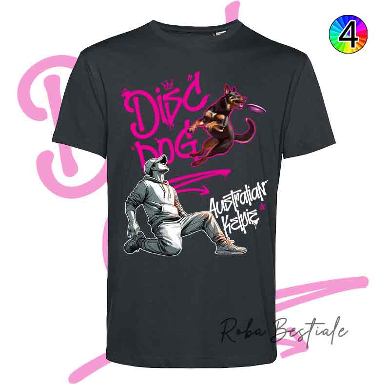 T-Shirt NERA Disc Dog GRAFFITI - AUSTRALIAN KELPIE Chocolate - Design "BOY" - Dettagli in 4 colori!