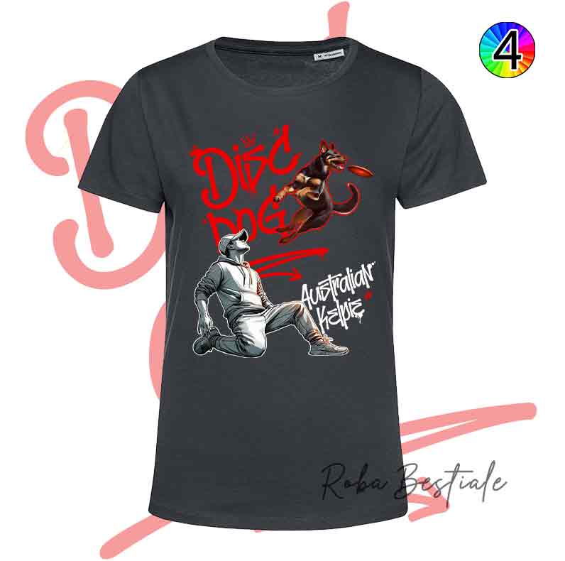 T-Shirt NERA Disc Dog GRAFFITI - AUSTRALIAN KELPIE Chocolate - Design "BOY" - Dettagli in 4 colori!