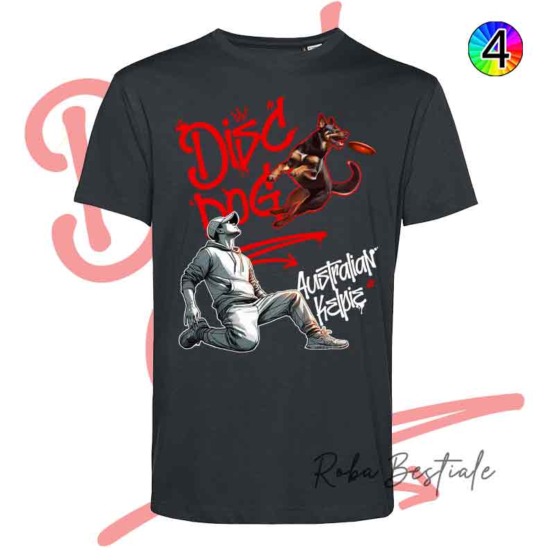 T-Shirt NERA Disc Dog GRAFFITI - AUSTRALIAN KELPIE Chocolate - Design "BOY" - Dettagli in 4 colori!