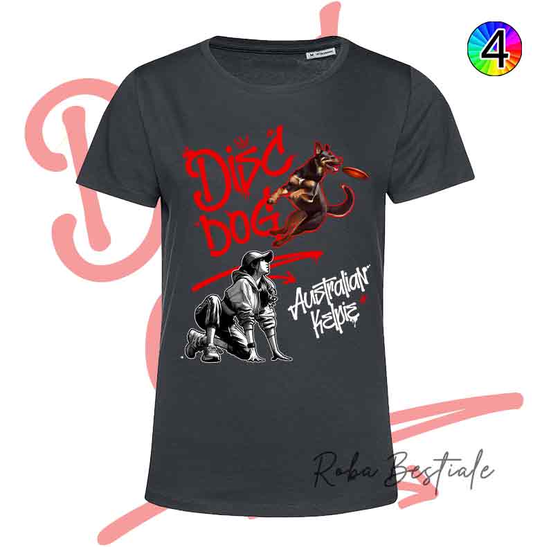 T-Shirt NERA Disc Dog GRAFFITI - AUSTRALIAN KELPIE Chocolate - Design "GIRL" - Dettagli in 4 colori!