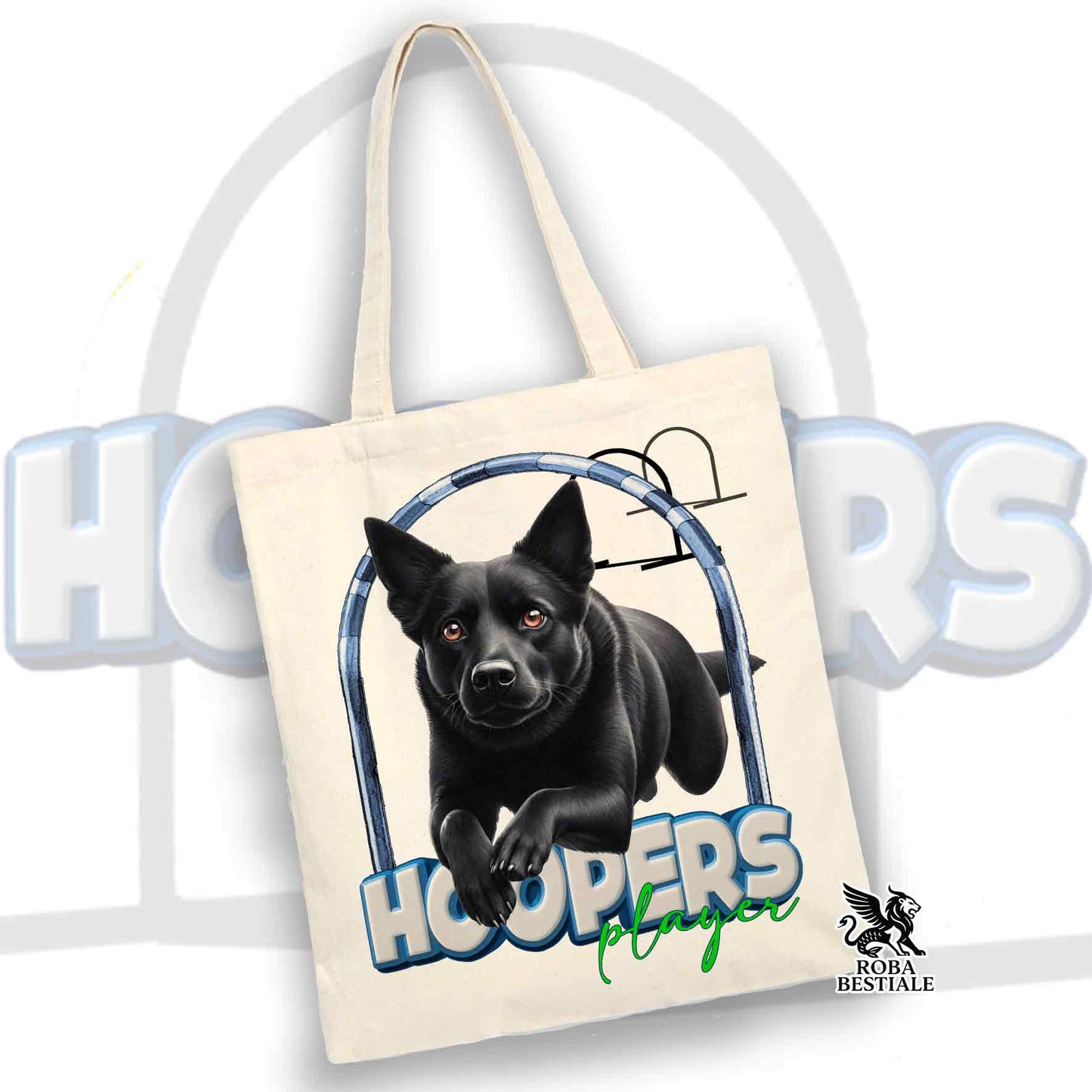 Tote Bag HOOPERS Player - AUSTRALIAN KELPIE Nero - 100% Cotone - Bianca o Beige