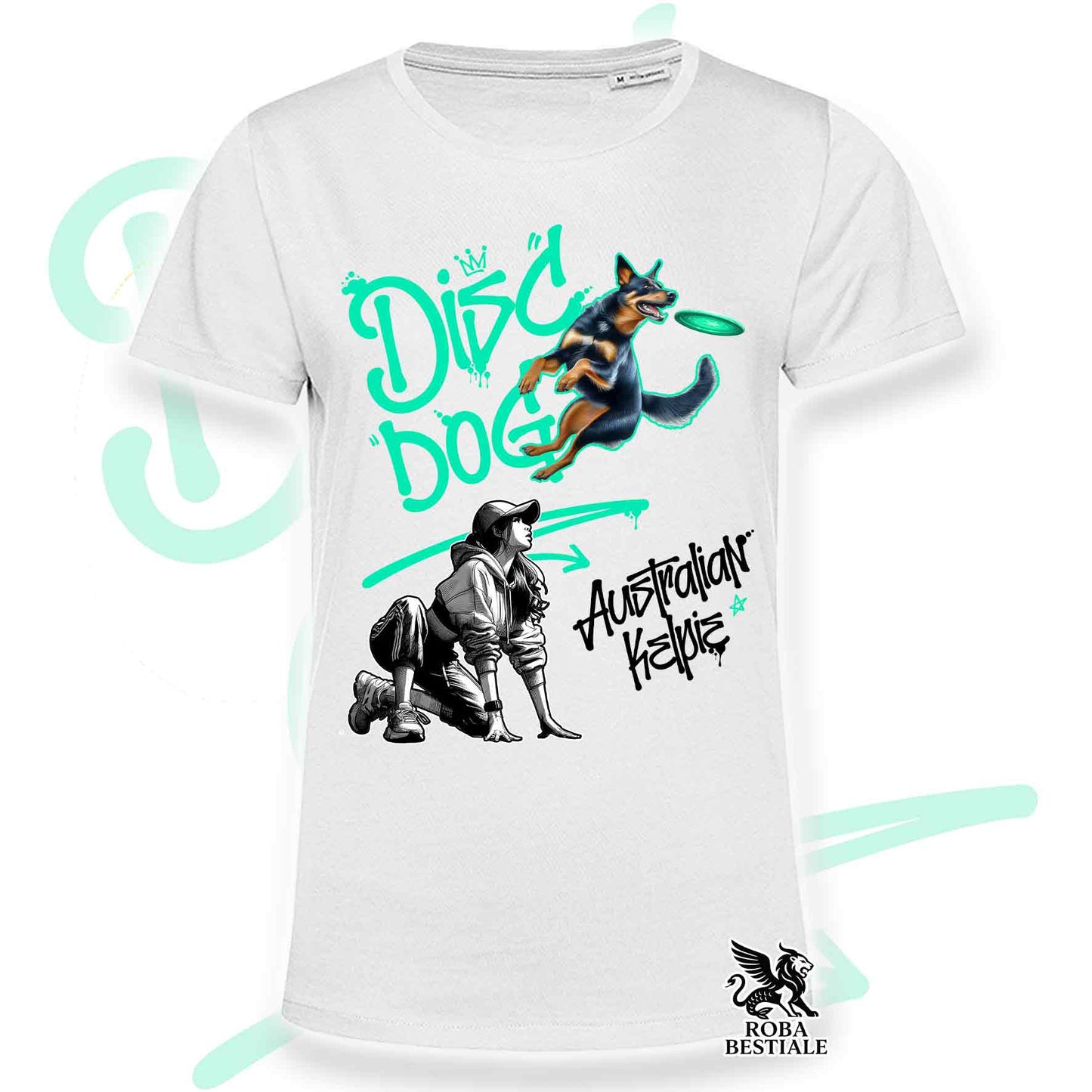 T-Shirt DISC DOG Graffiti "GIRL" - AUSTRALIAN KELPIE Nero Focato - Bianca, colore dettagli a scelta - dalla XS alla 5XL
