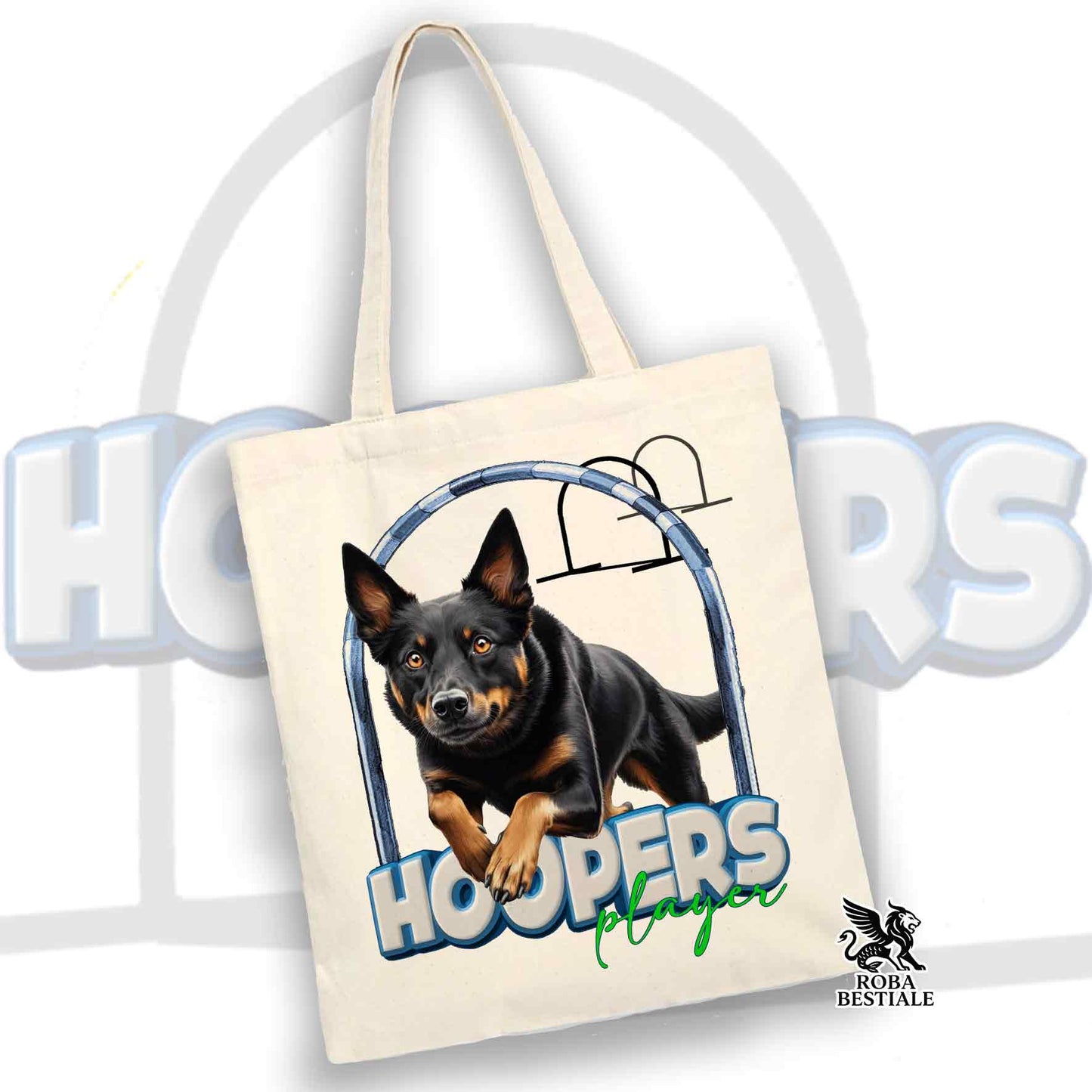 Tote Bag HOOPERS Player - AUSTRALIAN KELPIE Nero Focato - 100% Cotone - Bianca o Beige