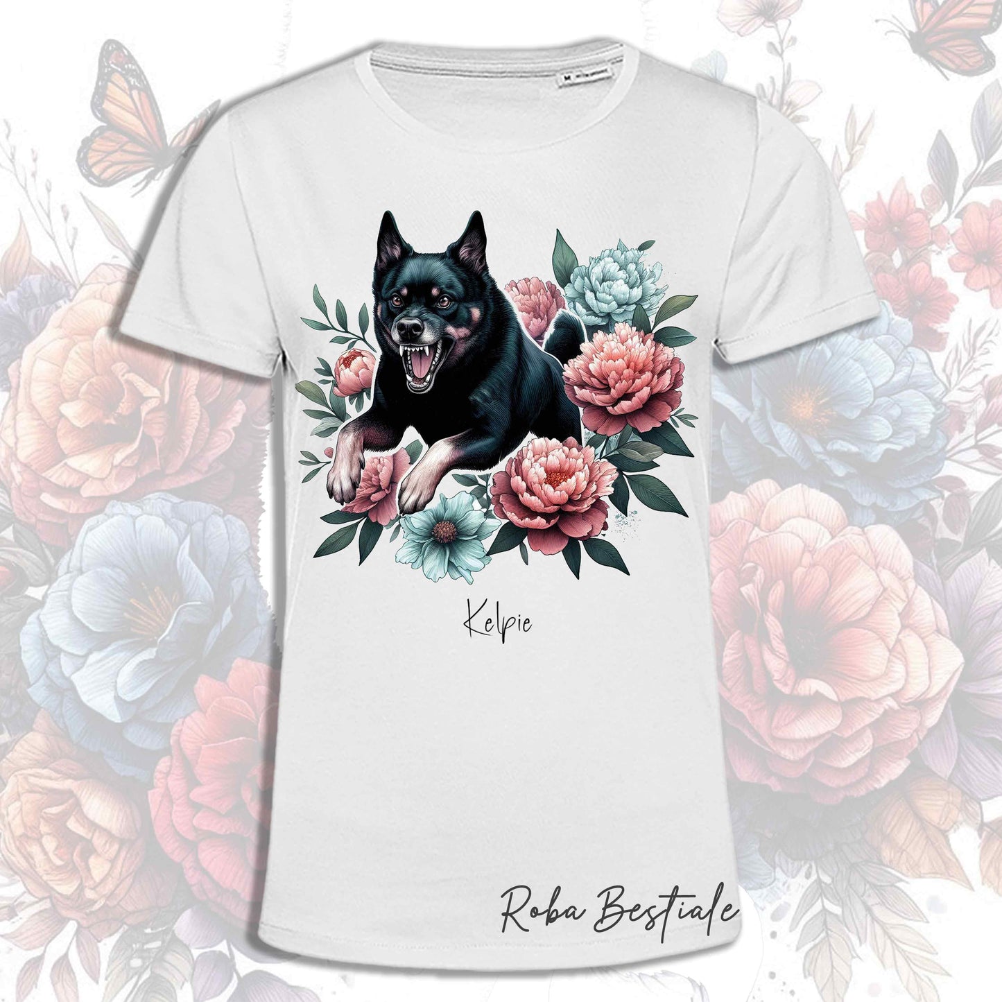 T-Shirt PEONY - AUSTRALIAN KELPIE Nero Focato - Bianca o Beige, Uomo o Donna, dalla XS alla 5XL