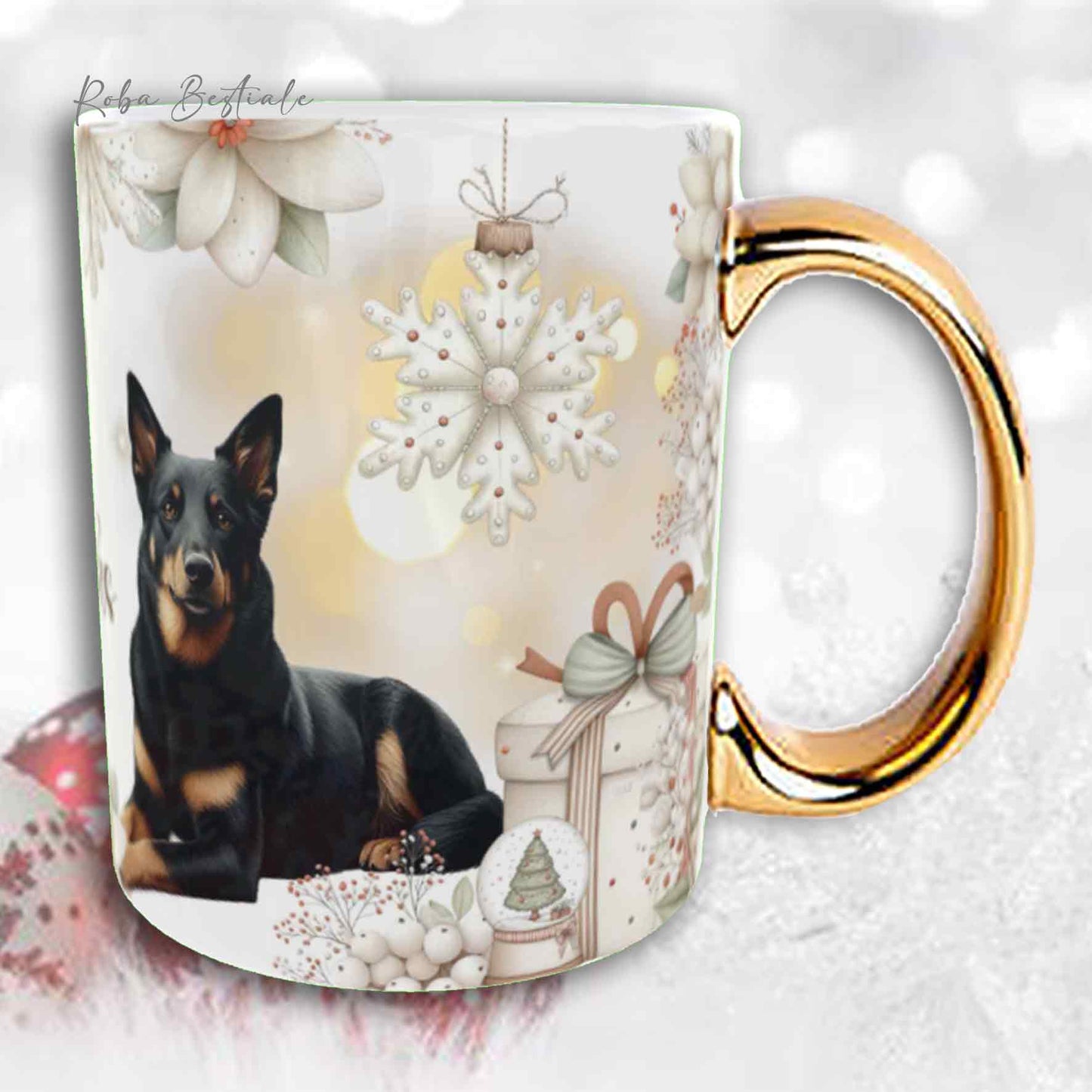 Tazza COZY WINTER - AUSTRALIAN KELPIE Nero Focato - In Ceramica, con manico color Oro - 330 ml