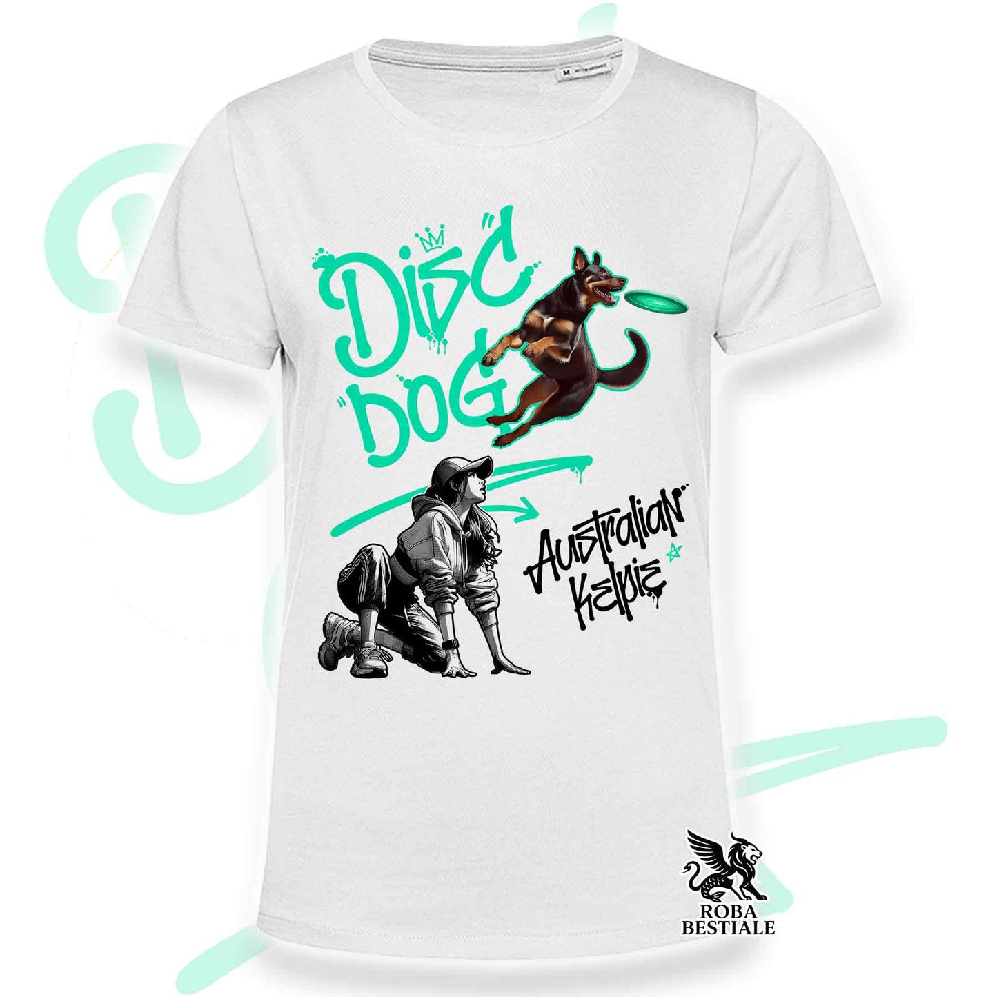 T-Shirt DISC DOG Graffiti "GIRL" - AUSTRALIAN KELPIE Rosso Focato - Bianca colore dettagli a scelta - dalla XS alla 5XL