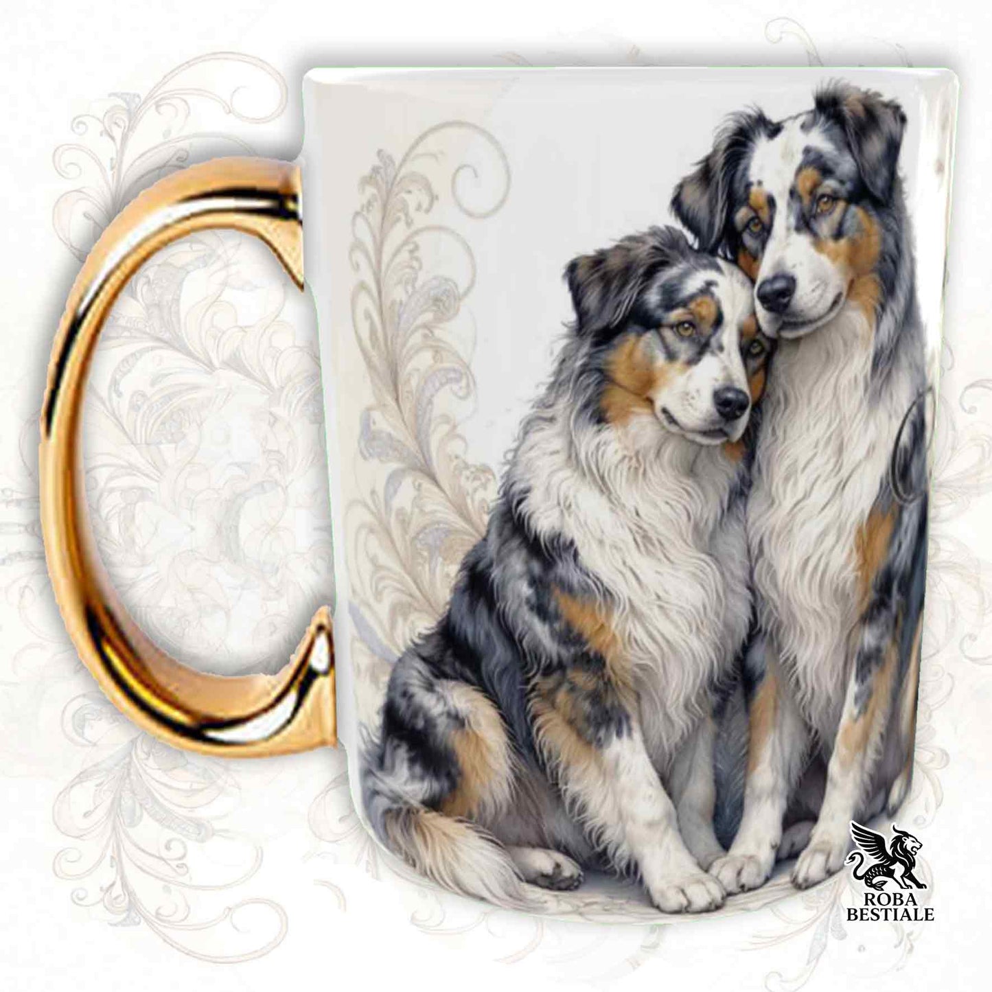 Tazza NOBILITY - AUSTRALIAN SHEPHERD Blue Merle - Manico ORO - 330 ml - in Ceramica