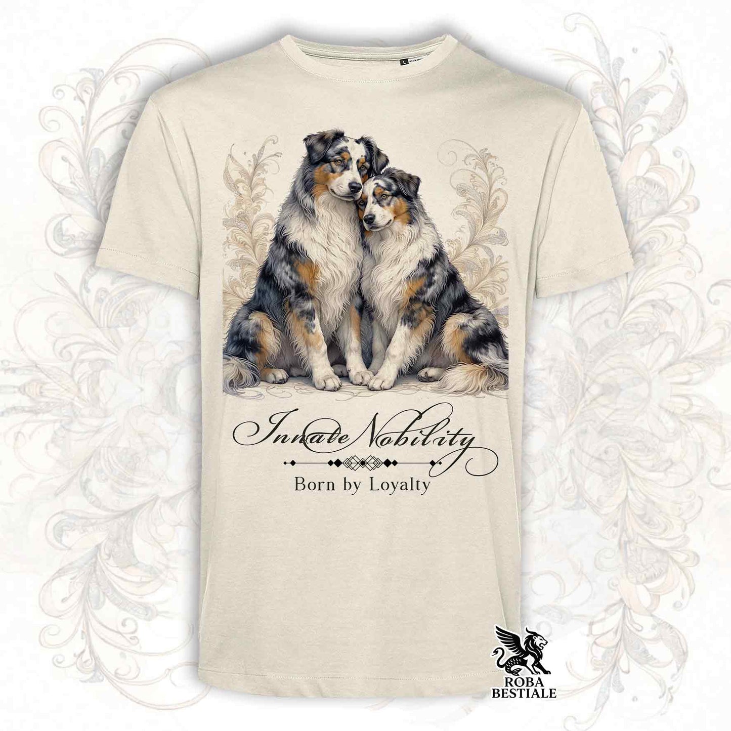T-Shirt NOBILITY - AUSTRALIAN SHEPHERD Blue Merle - Bianca o Beige, da Uomo o da Donna - dalla XS alla 5XL