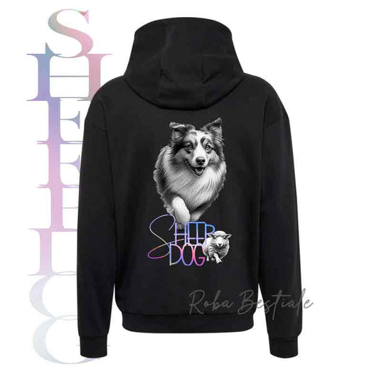 Felpa FLASHY SHEEPDOG - AUSTRALIAN SHEPHERD - Unisex - Nera o Grigia - dalla XS alla 3XL - Scritta Olografica Cangiante!