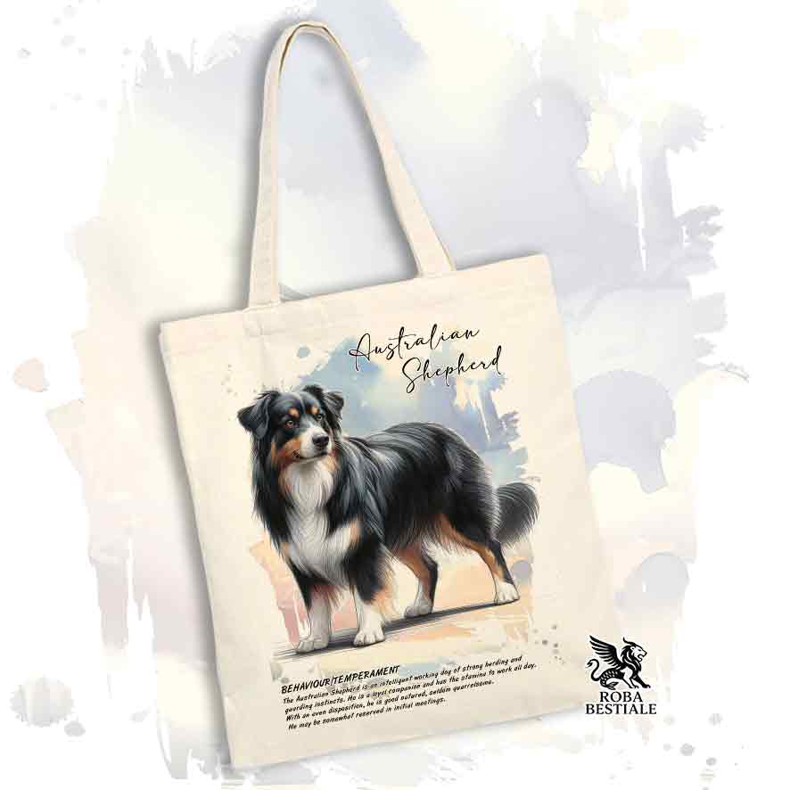 Tote Bag BEHAVIOR - AUSTRALIAN SHEPHERD Black Tricolor - 100% Cotone - Bianca o Beige