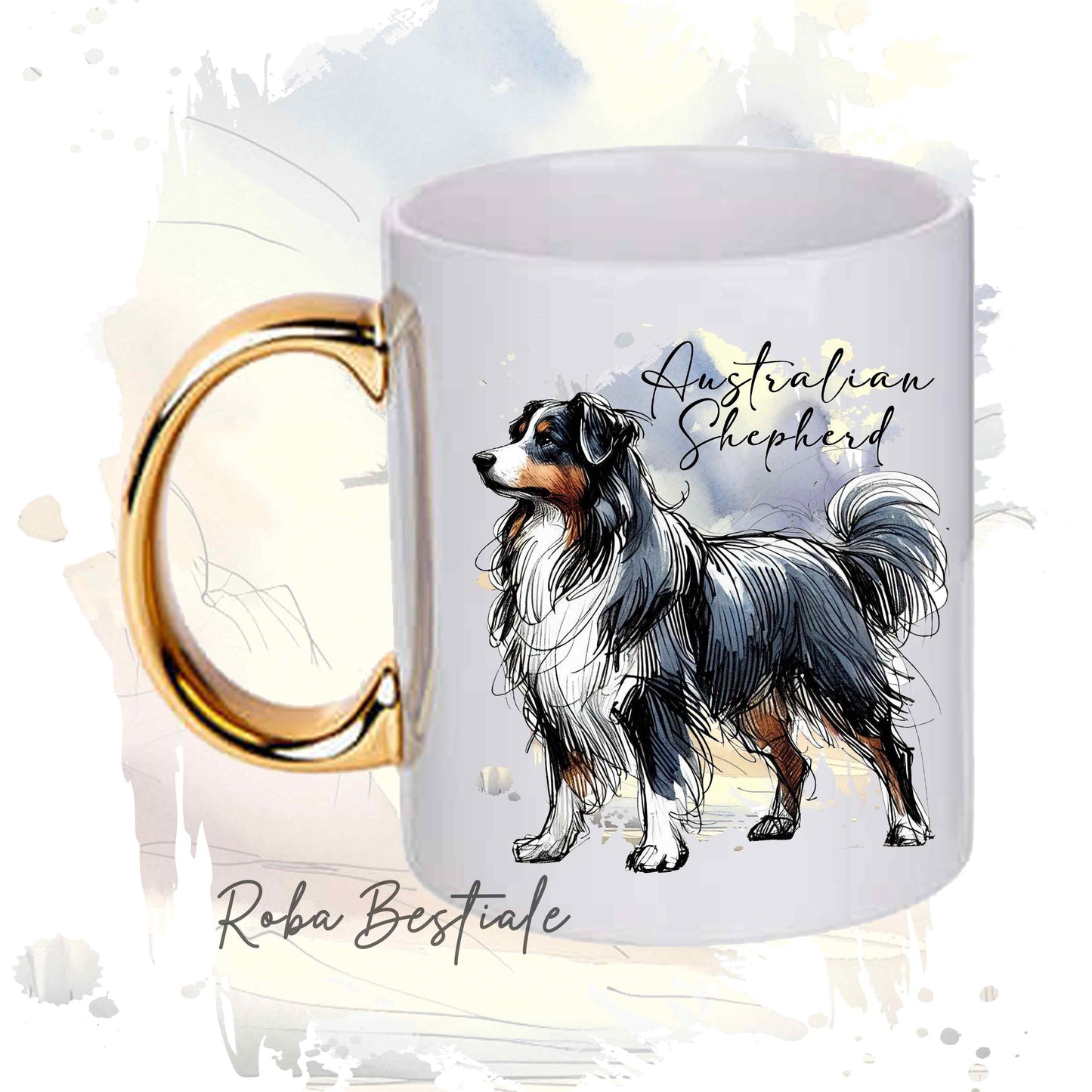 Tazza BEHAVIOR - AUSTRALIAN SHEPHERD Black Tricolor - Standard FCI - In Ceramica, con manico dorato - 330 ml