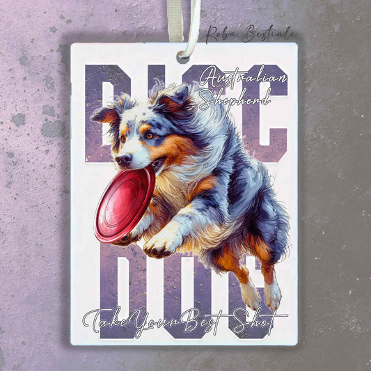 Deodorante Auto APTITUDE - DISC DOG - AUSTRALIAN SHEPHERD Blue Merle - In Feltro, con cordino - 7,5 x 10 cm