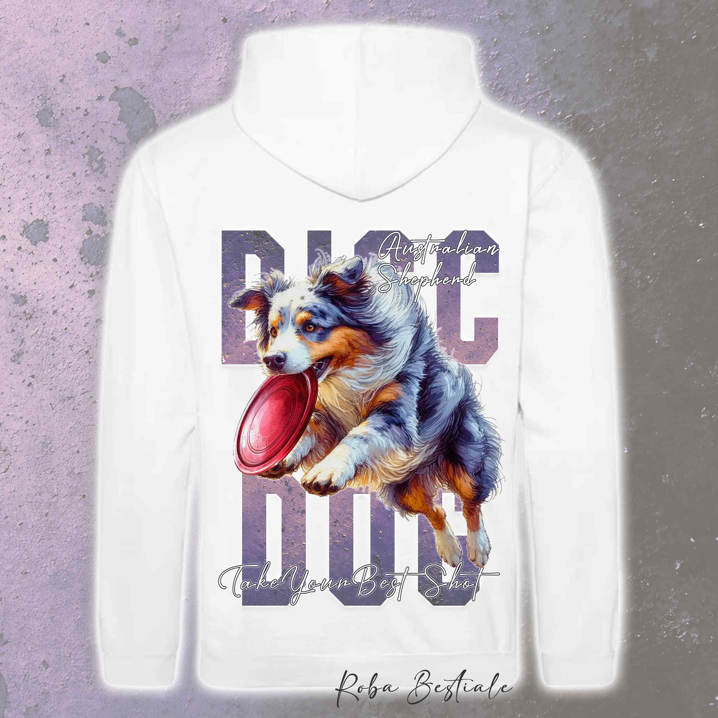 Felpa APTITUDE - DISC DOG - AUSTRALIAN SHEPHERD Blue Merle - Con Cappuccio e Tasconi, Unisex, in tanti colori - dalla XS alla 5XL